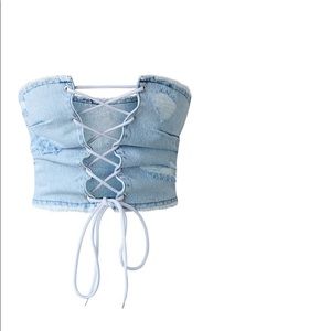 Shape vintage wash denim lace up ripped crop top